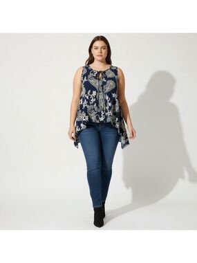 Women Plus SJS Navy Paisley Print Sleeveless Tie Neck Top Size 1X